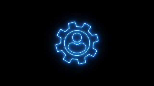 Glowing neon line man settings icon, blue color icon on black background. User setting.