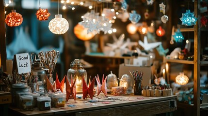Cozy artisan market stall, filled with handcrafted origami, paper lanterns, and festive decor.  Warmly lit with fairy lights and candles