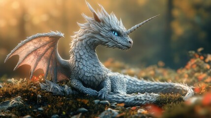 Obraz premium Highly detailed fantasy dragon with textured scales and majestic wings resting on forest ground du golden hour sunlight in a lush natural environment