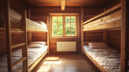 Cozy wooden cabin interior with bunk beds and natural light