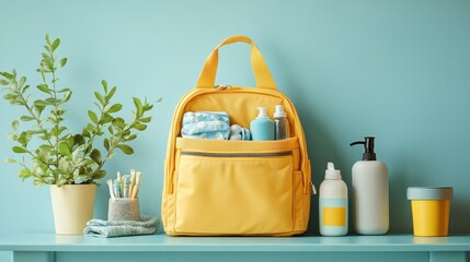 Bright yellow diaper bag backpack with baby essentials including bottles wipes and clothing arranged on blue surface with houseplant and toiletries in background