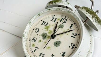 Clock covered in mold isolated on a white background illustrating decay
