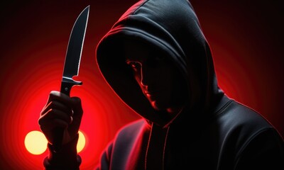 Mysterious hooded figure holding knife in dramatic red lighting