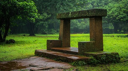 Fototapeta premium An aged stone archway stands in a green and rainy landscape