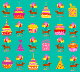 Birthday gifts, cake, balloons, cupcake and party hats. Children's seamless pattern with Dachshund dogs on white background in cartoon style. Cute texture for kids room design, Wallpaper, textiles.
