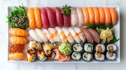 Assorted sushi platter with nigiri, rolls, and garnishes on white plate