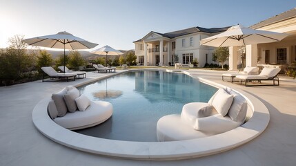 Obraz premium Exquisite mansion with a stunning pool and stylish outdoor lounge area at sunset