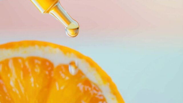 Close-up of a dropper releasing oil on a vibrant orange slice, symbolizing freshness and vitality.