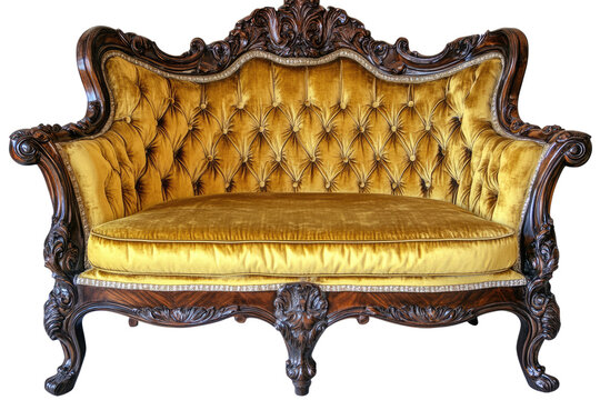 Ornate gold sofa with dark wood carvings