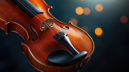Fototapeta premium Close-up of a beautifully crafted violin showcasing intricate details and rich wood grain under artistic lighting