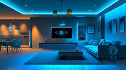 Modern Smart Home Night Interior.