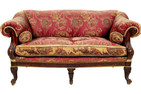 Antique  red floral  sofa  Ornate  wood  trim