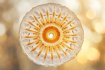 An upward view of a textured glass ceiling light fixture, radiating an amber glow with an abstract background.