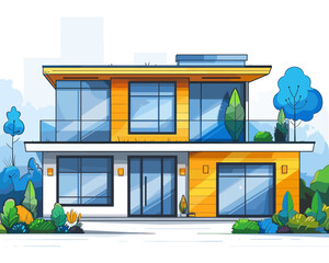 Modern house with trees and bushes in the background. Vector illustration.