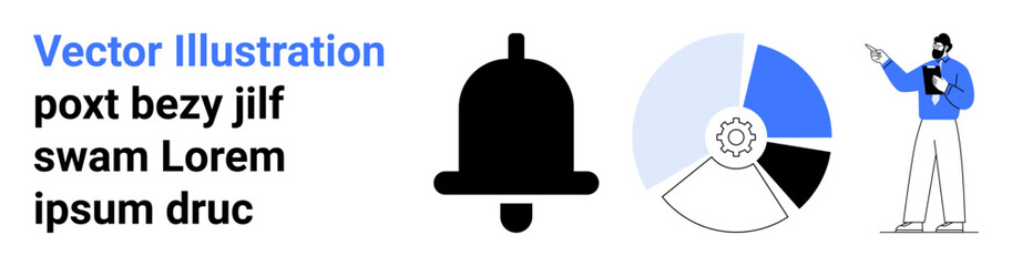 Notification bell, segmented pie chart with gear at the center, businessman pointing to screen. Ideal for business strategy, alerts, progress tracking, presentations, technology, education simple