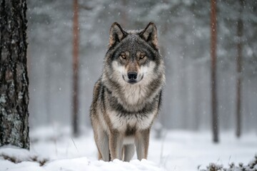 Naklejka premium Gray Wolf Stands in Snowy Forest During Winter Blizzard, Majestic Predator in Wild Habitat, Nature's Beauty