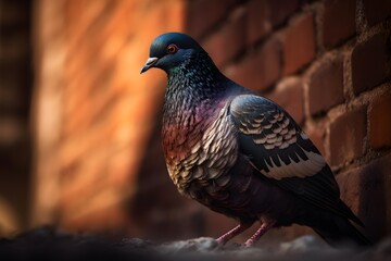 Fototapeta premium A detailed close up of a pigeon standing near a brick wall in soft warm lighting conditions outdoors