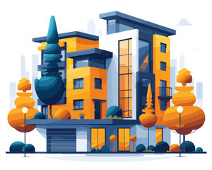 Modern apartment building in the autumn forest. Flat style vector illustration.