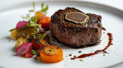 Seared steak topped with truffle, served with roasted vegetables