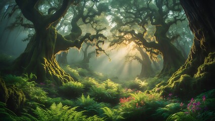 Naklejka premium Exploring Misty Forest with Sunlight Beams and Green Foliage