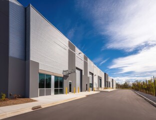 Obraz premium Modern Industrial Park: Warehouse Exterior Design with Metal Siding and Glass Facades under a Sunny Sky