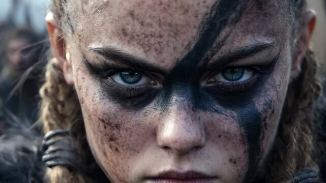 The powerful stare of a Viking female fighter: bold look, warrior essence, fearless soul, Nordic pride, sharp focus, fierce heart, strong will, battle readiness, fierce determination, intense gaze.