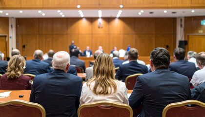 Obraz premium Inclusive parliament scene with diverse representatives seated in a modern chamber, engaged in professional dialogue