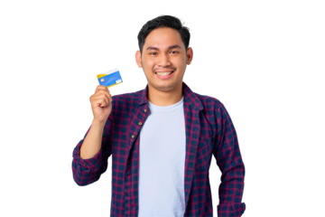 Smiling young Asian man in plaid shirt showing credit card isolated on transparent background