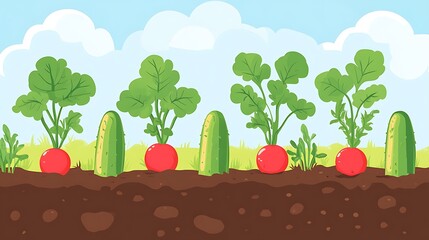 Radishes with cucumbers, garden, and spring.