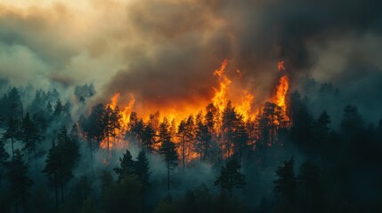 Obraz premium A forest fire engulfing trees with smoke rising into the atmosphere.