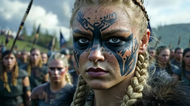 The powerful stare of a Viking female fighter: bold look, warrior essence, fearless soul, Nordic pride, sharp focus, fierce heart, strong will, battle readiness, fierce determination, intense gaze.