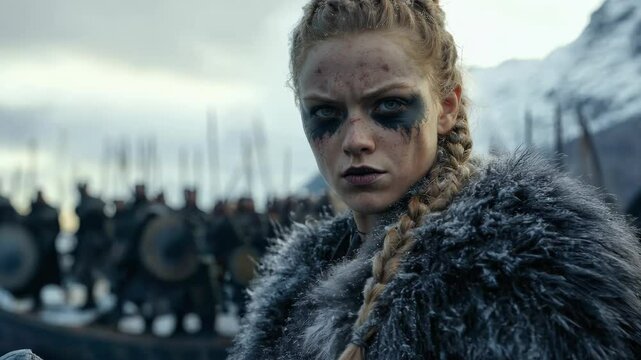 The fierce gaze of a strong Viking woman warrior: intense expression, battle spirit, fearless glance, Norse strength, warrior pride, ancient courage, piercing eyes, fierce presence, valiant heart.