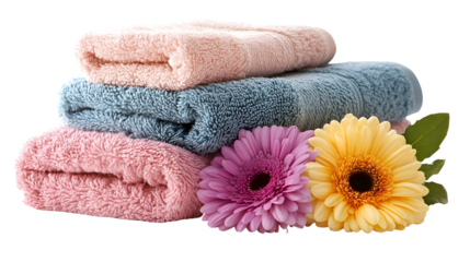 Soft towels and gerbera daisies spa setting