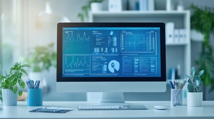 Fototapeta premium Banner of clinic hospital record or digital file of information and test exam results logged in database or booking appointment doctor medical health care display on computer screen