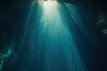 Sunlight streams down into dark underwater cave