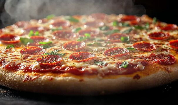 Freshly baked pepperoni pizza with herbs, steam rising, set against a rustic kitchen backdrop