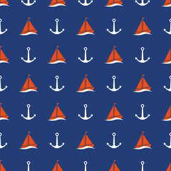 Seamless nautical pattern with sailboats and anchors. Sea concept backdrop.