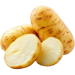 Fresh yukon gold potatoes, whole and sliced, displayed against black backdrop