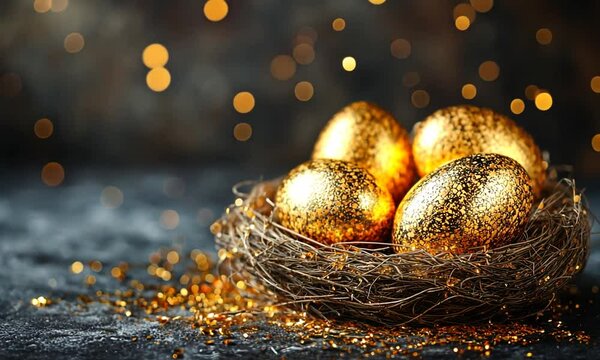 Glittering golden eggs nestled in a rustic nest, shimmering background with festive bokeh lights