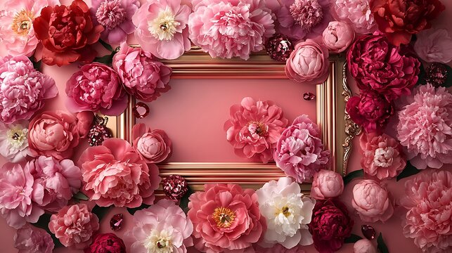 A decorative rose gold frame surrounded by peonies in various shades of pink, resting on a mirrored tray with scattered gemstones. Created Using: beauty editorial setup, jewelry-inspired highlights,