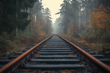 Obraz premium A symmetrical view of a railway track disappearing into a foggy, atmospheric forest landscape. 