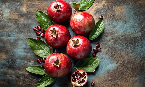 Freshly harvested pomegranates arranged on a rustic wooden surface with vibrant green leaves