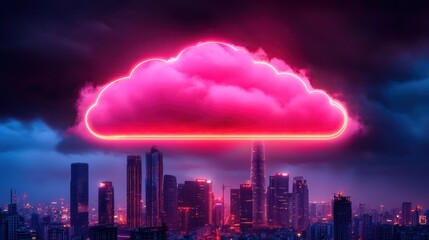 Obraz premium Modern cityscape with a vibrant pink cloud over a skyline at night