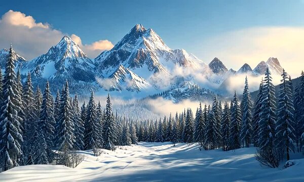 Majestic snow-covered mountains with a serene valley and pine trees under a clear blue sky