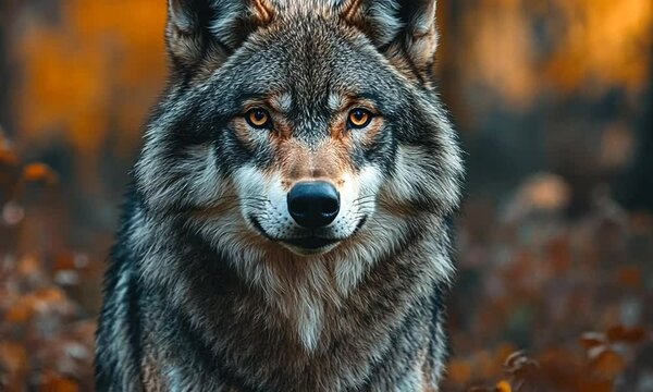 Majestic wolf gazing intently in a vibrant autumn forest with colorful foliage