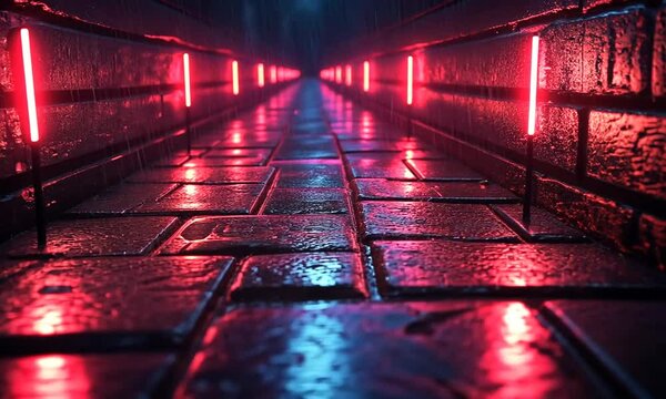 Neon-lit alleyway with wet cobblestones reflecting vibrant lights in a moody urban setting