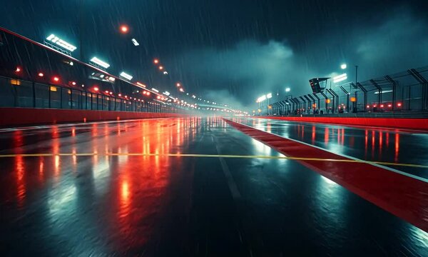 Nighttime racing scene on a wet track with reflections, illuminated by vibrant lights and rain