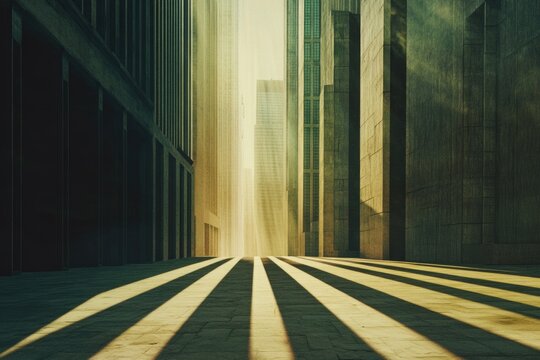 Architectural view of tall buildings and city blocks with light streams creating abstract patterns and depth.