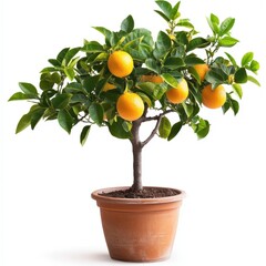 Lush Orange Citrus Tree in Terracotta Pot Against White Background