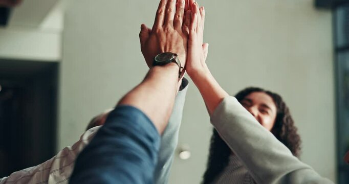 High five, hands and team with support in office for company success, solidarity and business people for unity. Achievement, collaboration and corporate community with celebration or motivation